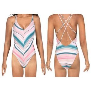 Bikini Lab Women's‎ One Piece Swimsuit Size XXL V-Plunge Striped Thong Strappy
